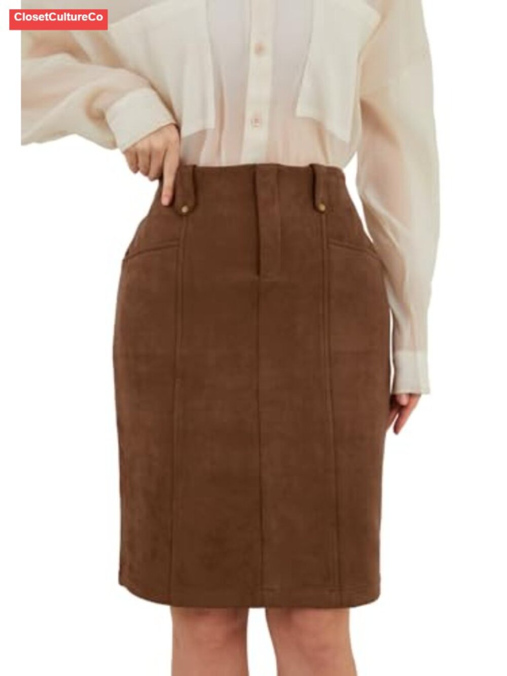 Women's Faux Suede Knee Length Bodycon Pencil Skirt with Pockets